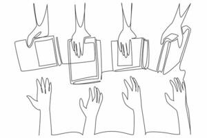 Single continuous line drawing multiple hands holding books. Shared learning experience. Expanding thinking horizons. Discussion. International Book Giving Day. One line design illustration vector