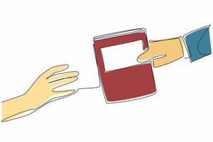 Single continuous line drawing a hand extends to receive book from another hand. Gift. A loan. Exchange. Sharing. Transfer knowledge. International Book Giving Day. One line design illustration vector
