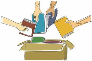 Single one line drawing four hands holding the books and will put them in a box. Competing to hand over books. Good deeds. International Book Giving Day. Continuous line design graphic illustration vector