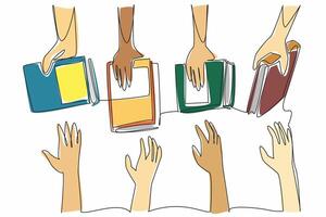 Single continuous line drawing multiple hands holding books. Shared learning experience. Expanding thinking horizons. Discussion. International Book Giving Day. One line design illustration vector