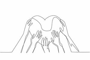 Single continuous line drawing the five hands holding a heart shape together. Demonstrating the power of togetherness. Unity and love. Random Acts of Kindness Day. One line design illustration vector