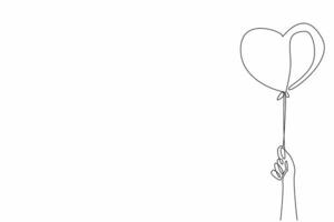 Single one line drawing a hand holds a heart-shaped balloon. Hope, joy, and the pursuit of dreams. Floats freely into the sky. Random Acts of Kindness Day. Continuous line design graphic illustration vector