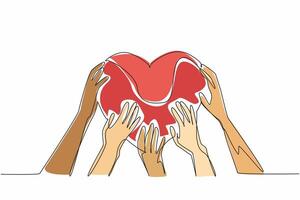 Single continuous line drawing the five hands holding a heart shape together. Demonstrating the power of togetherness. Unity and love. Random Acts of Kindness Day. One line design illustration vector