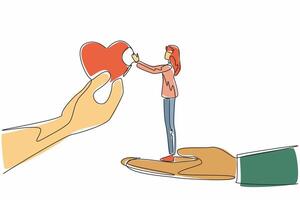 Single one line drawing a woman stands on big palm taking big heart shape. Small acts of kindness can have a profound impact. Random Acts of Kindness Day. Continuous line design graphic illustration vector