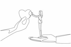 Single one line drawing a woman stands on big palm taking big heart shape. Small acts of kindness can have a profound impact. Random Acts of Kindness Day. Continuous line design graphic illustration vector