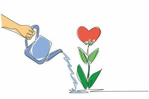 Single continuous line drawing a hand holding a watering can pours water onto a heart-shaped flower. Nurturing of love and compassion. Random Acts of Kindness Day. One line design illustration vector