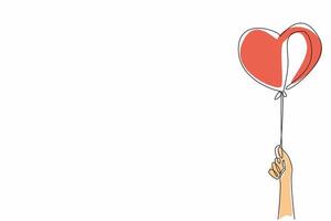 Single one line drawing a hand holds a heart-shaped balloon. Hope, joy, and the pursuit of dreams. Floats freely into the sky. Random Acts of Kindness Day. Continuous line design graphic illustration vector