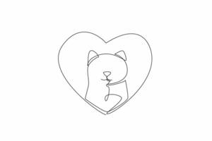 Single continuous line drawing forms a heart around a contented cat. A sense of comfort and belonging. The love and affection. Caring. National Love Your Pet Day. One line design illustration vector