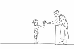 Continuous one line drawing a boy presents a flower to a smiling grandmother. Heartwarming. Full with love and appreciation. Random Acts of Kindness Day. Single line draw design illustration vector