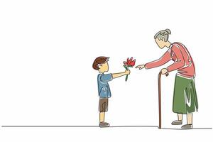 Continuous one line drawing a boy presents a flower to a smiling grandmother. Heartwarming. Full with love and appreciation. Random Acts of Kindness Day. Single line draw design illustration vector
