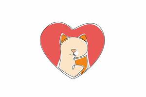 Single continuous line drawing forms a heart around a contented cat. A sense of comfort and belonging. The love and affection. Caring. National Love Your Pet Day. One line design illustration vector