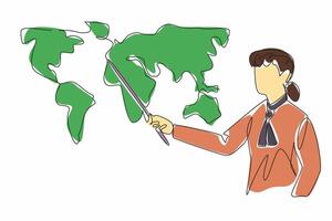 Single continuous line drawing woman holding a stick and pointing at a world map. Expert explaining the weather. 24 hour forecast. National Weatherperson's Day. One line design illustration vector