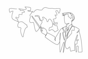 Single one line drawing man hold stick pointing to world map. National TV News. Expert explanation of weather until tomorrow. National Weatherperson's Day. Continuous line design graphic illustration vector