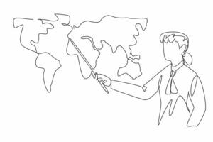 Single continuous line drawing woman holding a stick and pointing at a world map. Expert explaining the weather. 24 hour forecast. National Weatherperson's Day. One line design illustration vector