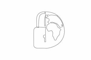 Single one line drawing half padlock and half of a globe. Too many threats in cyberspace. Protected with double security. Password. Safer Internet Day. Continuous line design graphic illustration vector