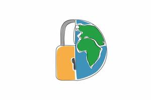 Single one line drawing half padlock and half of a globe. Too many threats in cyberspace. Protected with double security. Password. Safer Internet Day. Continuous line design graphic illustration vector