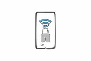 Continuous one line drawing a smartphone has a padlock and a Wi-Fi symbol on its screen. Protecting personal data on mobile device. Safer Internet Day. Single line draw design illustration vector