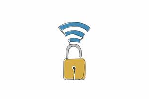Continuous one line drawing a padlock is unlocked with Wi-Fi signals. The importance of secure Wi-Fi connections. Avoid cybercriminals. Safer Internet Day. Single line draw design illustration vector
