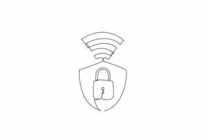 Single one line drawing shield inside there is a padlock with Wi-Fi signals. Layered protection is needed in the digital age. Firewall. Safer Internet Day. Continuous line design graphic illustration vector