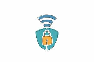 Single one line drawing shield inside there is a padlock with Wi-Fi signals. Layered protection is needed in the digital age. Firewall. Safer Internet Day. Continuous line design graphic illustration vector