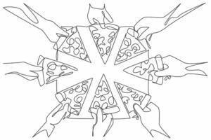 Continuous one line drawing multiple hands reaching for slices of pizza. Shared enjoyment, friendship, and celebration. Togetherness. National Pizza Day. Single line draw design illustration vector
