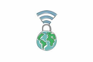 Single continuous line drawing a padlock connected to a globe with Wi-Fi signals. Safeguarding information in an interconnected world. Secure. Safer Internet Day. One line design illustration vector