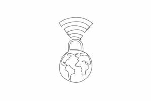 Single continuous line drawing a padlock connected to a globe with Wi-Fi signals. Safeguarding information in an interconnected world. Secure. Safer Internet Day. One line design illustration vector