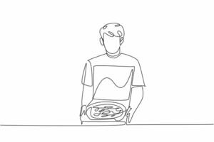 Continuous one line drawing a young man opening a box of pizza. Preparation and enjoyment of food. Fiest culinary events. Delicious. National Pizza Day. Single line draw design illustration vector