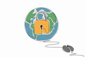 Single one line drawing a mouse connected to a globe with a padlock in the middle. Global security, data protection. Secure. Safety. Safer Internet Day. Continuous line design graphic illustration vector