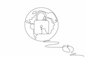 Single one line drawing a mouse connected to a globe with a padlock in the middle. Global security, data protection. Secure. Safety. Safer Internet Day. Continuous line design graphic illustration vector