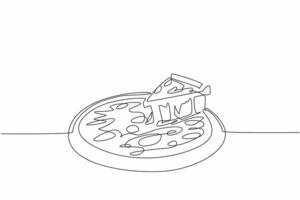 Single continuous line drawing a slice of pizza is being taken from whole pizza. The deliciousness of melted cheese. Enjoyment of sharing meal. National Pizza Day. One line design illustration vector