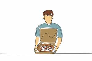 Continuous one line drawing a young man opening a box of pizza. Preparation and enjoyment of food. Fiest culinary events. Delicious. National Pizza Day. Single line draw design illustration vector