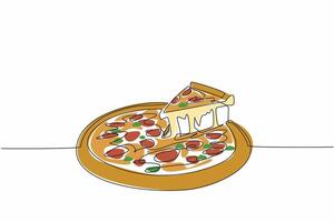 Single continuous line drawing a slice of pizza is being taken from whole pizza. The deliciousness of melted cheese. Enjoyment of sharing meal. National Pizza Day. One line design illustration vector