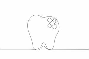 Continuous one line drawing a tooth has a bandage on it. The need for dental care. The importance of preventing toothaches. Treated. National Toothache Day. Single line draw design illustration vector