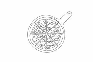 Continuous one line drawing a pizza on a round serving tray. The deliciousness and convenience of pizza. Eaten with loved ones. Tasty. National Pizza Day. Single line draw design illustration vector