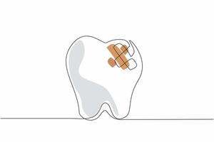 Continuous one line drawing a tooth has a bandage on it. The need for dental care. The importance of preventing toothaches. Treated. National Toothache Day. Single line draw design illustration vector