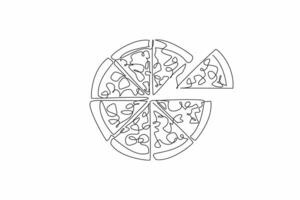 Single continuous line drawing a pizza is divided into slices. The deliciousness and variety of pizza. Appetizer. Tasty. Gourmet. Spicy delight. National Pizza Day. One line design illustration vector