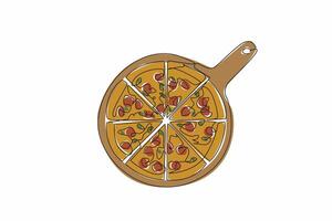 Continuous one line drawing a pizza on a round serving tray. The deliciousness and convenience of pizza. Eaten with loved ones. Tasty. National Pizza Day. Single line draw design illustration vector