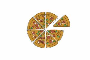 Single continuous line drawing a pizza is divided into slices. The deliciousness and variety of pizza. Appetizer. Tasty. Gourmet. Spicy delight. National Pizza Day. One line design illustration vector