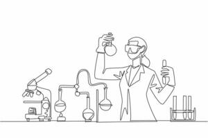Single continuous line drawing female scientist immersed in research. Dedication to scientific discovery. Innovation. Science. Technology. Engineering. Mathematics. One line design illustration vector