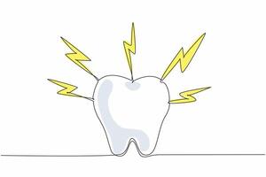 Single one line drawing a tooth is surrounded by lightning bolts. The pain and discomfort associated with toothaches. Dental health. National Toothache Day. Continuous line design graphic illustration vector