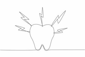 Single one line drawing a tooth is surrounded by lightning bolts. The pain and discomfort associated with toothaches. Dental health. National Toothache Day. Continuous line design graphic illustration vector