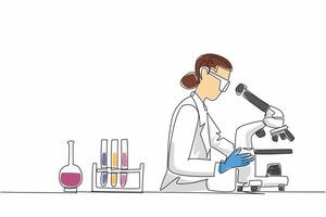 Continuous one line drawing a female scientist intently looking through microscope. Lab equipment surrounds her. Dedication to research and the vital role. Single line draw design illustration vector