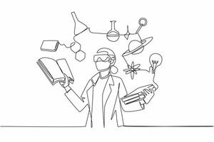 Single one line drawing female scientist surrounded by scientific symbols. Symbolizing knowledge. Research. The contributions of women in STEM fields. Continuous line design graphic illustration vector