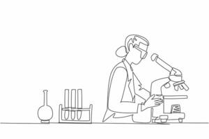Continuous one line drawing a female scientist intently looking through microscope. Lab equipment surrounds her. Dedication to research and the vital role. Single line draw design illustration vector