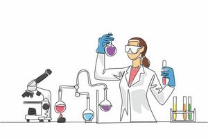 Single continuous line drawing female scientist immersed in research. Dedication to scientific discovery. Innovation. Science. Technology. Engineering. Mathematics. One line design illustration vector