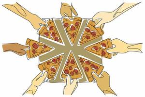 Continuous one line drawing multiple hands reaching for slices of pizza. Shared enjoyment, friendship, and celebration. Togetherness. National Pizza Day. Single line draw design illustration vector