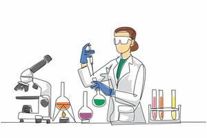 Single continuous line drawing a female scientist is conducting experiments in a laboratory. Holds a test tube and flask. Passion for science. Scientific discovery. One line design illustration vector