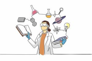 Single one line drawing female scientist surrounded by scientific symbols. Symbolizing knowledge. Research. The contributions of women in STEM fields. Continuous line design graphic illustration vector