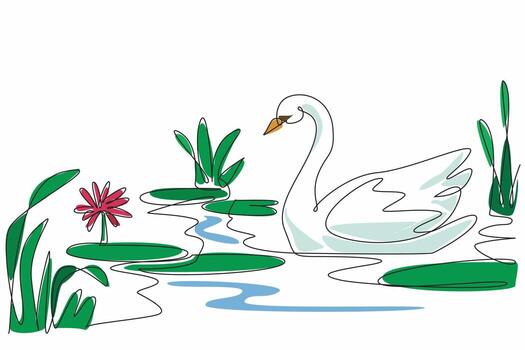 Single continuous line drawing a swan is gracefully swimming in a wetland. The beauty and elegance of nature. Combining to create tranquility. World Wetlands Day. One line design illustration vector